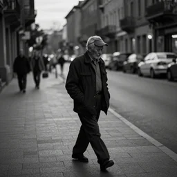 old man walking streets at dusk, black and white, fine detail
