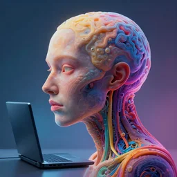 portrait of a computer soul leaving a body, art by anna hotchkis, antonio saura, very detailed, maximalism, ambient occlusion, volumetric light, hyper realism, futuristic but colorful shading