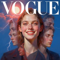 3 d, sci - fi, morning, happy fashion model face, sun, lightning clouds, vogue cover style, light red and deep blue mood, cinematic, realistic painting, intricate oil painting, high detail, figurative art, multiple exposure, poster art, 3 d, by stanley kubrick and tooth wu and wlop and beeple and greg rutkowski