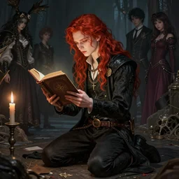 young redhead Spellcaster on their knees worshiping spell book, S&D dark fantasy style, sharp focus, ultra detailed, art by Artgerm and Peter Andrew Jones, Karol Bak, Ayami Kojima, Amano and Olivier Ledroit