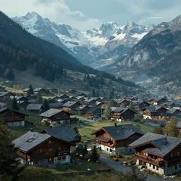 an alpine village, cyberpunk, digital art, in the style of Syd Mead