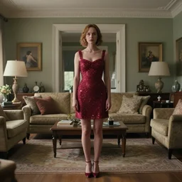 a woman made of rubies stands in the living room, film still from the movie directed by Denis Villeneuve with art direction, wide lens, 4K, realistic
