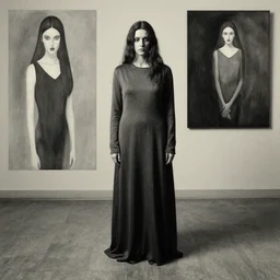 a clothed woman posing, wearing clothes,feeling of surrender, by Zdzislaw Beksinski and Marat Safin