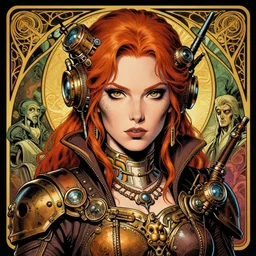 a detailed portrait illustration of a steampunk tech - sorcerer. handsome female face, ginger. art nouveau, pop art, comic book style. influenced by neil gaiman, h. p. lovecraft, dan mumford, brian froud, heade, killian eng, ross tran.