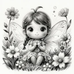 a portrait of a cute flower fairy with whimsical big eyes in a garden and surrounded by flowers, light charcoal drawing, black and white, trending on artstation, behance, deviantart, drawn by tom lovell, artgerm, jsc, j. scott campbell