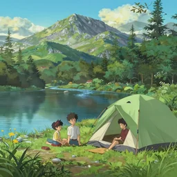 rendering of a scene with a tent near the river in the mountains overlooking a lake by makoto shinkai and thomas kinkade, fantasy matte painting, trending on cgsociety and unreal engine, light effect, highly detailed, super wide angle