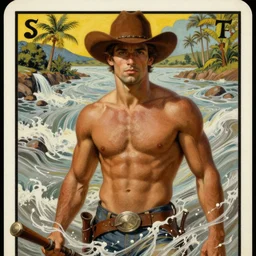a dramatic, epic painting of a handsome brown shirtless cowboy | background is a torrential flooding river | tarot!! card, art deco, art nouveau | by Mark Maggiori | trending on artstation