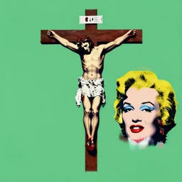 green background with bloody christ crucified painted by cy twombly and andy warhol