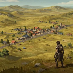 view from a small hill overlooking a very small rural town, mostly open plains, from a space themed point and click 2 d graphic adventure game, detailed, set design inspired slightly by hg giger and tomb raider, art inspired by thomas kinkade