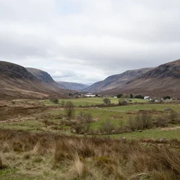 scottish highlands, spring, midday, slight overcast, panorama wide shot