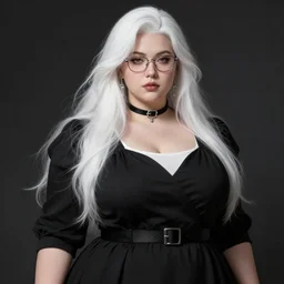 beautiful curvy female, long white hair, glasses, black dress with belt around waist, white undershirt, silver earrings, silver jewellery, black choker, highly detailed, digital painting, perfect face, smooth, sharp focus, art by artgerm, bouguereau, chiaroscuro, tom bagshaw, anna dittman, octane render, medium long shot