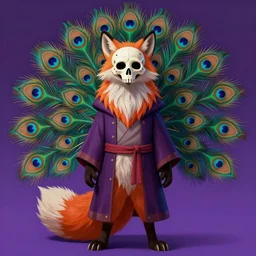 realistic bipedal fox character, long fluffy fur, full skull shaped face mask, mage clothes based on a peacock, 9 peacock tails, painting by genndy tartakovsky, stylized, vhs effect, 8 0 s commercial, dnd beyond, chromatic aberration, fae, neon