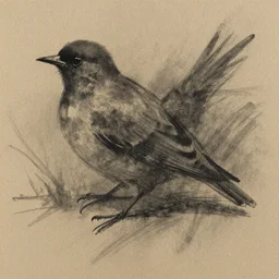 an abstract drawing of a bird, it is on the ground, charcoal, low detail