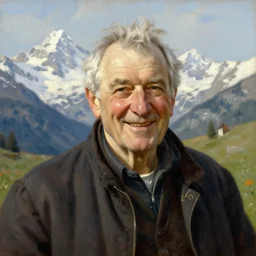 portrait of a smiling friendly elderly man, in the Swiss Alps, mountains in background, painting by Albert Edelfelt, by Artgerm