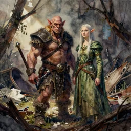 watercolor painting of orc and elf, dilapidated, run down, trashy ambient lighting and shadows