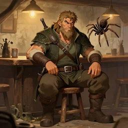 d&d character art of a gruff human ranger sitting in a tavern with his pet giant spider, digital art