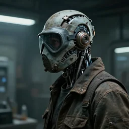 a half - masked rugged laboratory engineer man with cybernetic enhancements as seen from a distance, scifi character portrait by greg rutkowski, ian mcque, esuthio, 1 / 4 headshot, cinematic lighting, dystopian scifi gear, gloomy, profile picture, mechanical, cyborg, half robot, implants, dieselpunk