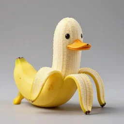Professional photograph of a peeled banana with small dot eyes and a duck beak. A banana duck. Banana that looks like a duck.