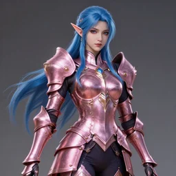 a beautiful and highly detailed digital illustration of a female elven paladin with blue hair in rose gold armor, a digital painting by lu ji and huang guangjian, cgsociety, fantasy art, cryengine, concept art, photorealism, daz 3 d, sketchfab, zbrush