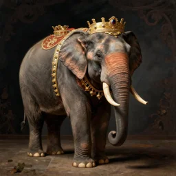Portrait en plein pied of an elephant dressed in royal attire, Rembrandt lighting, by Philipp Otto Runge, museum catalog, high definition,