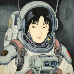 a beautiful ukiyoe painting of cyberpunk battle space pilot, lee jin - eun wearing space techwear, detailed symmetrical close up portrait, intricate complexity, concept art, by wlop, conrad roset, james jean, peter mohrbacher, cinematic dramatic atmosphere, sharp focus