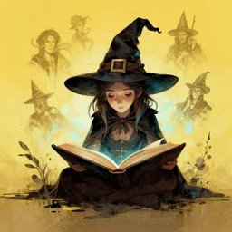 highly detailed a little witch opening a book art by ghailan, james gilleard, by joe fenton, by greg rutkowski, by greg tocchini, by kaethe butcher, 4 k resolution, gradient yellow, black, brown and cyan color scheme, grunge aesthetic!!!
