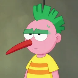 light pink mosquito with a long pointy red nose, a green mohawk and green eyebrows wearing a yellow and orange striped t - shirt, cartoon