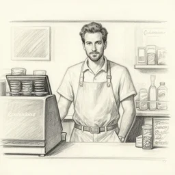 pencil sketch of gene takovic behind the counter at a cinnabon
