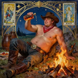 Gediminas_Pranckevicius a dramatic, epic, ethereal painting of a !!!handsome!!! thicc mischievous shirtless cowboy with a beer belly wearing a large belt and bandana offering a whiskey bottle | he is relaxing by a campfire | background is a late night with food and jugs of whisky | homoerotic | stars, tarot card, art deco, art nouveau, mosaic, intricate | by Mark Maggiori | trending on artstation