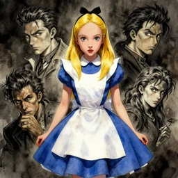 portrait, grunge alice in wonderland, watercolor, dramatic lighting, cinematic, establishing shot, extremly high detail, foto realistic, cinematic lighting, pen and ink, intricate line drawings, by Yoshitaka Amano, Ruan Jia, Kentaro Miura, Artgerm, post processed, concept art, artstation, matte painting, style by eddie mendoza, raphael lacoste, alex ross