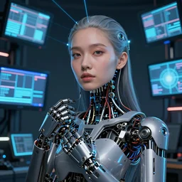 beauty woman, robotic and wiring, surrounded by led monitors, very detailed, dramatic laser lighting, detailed mechanical hands, electrical  details, high details, 4k, 8k, trending on artstation, by Hajime Sorayama and Boris Vallejo