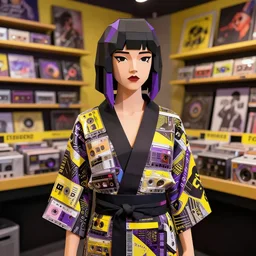 portrait of a lowpoly rave girl wearing kimono made of musicassettes in a music store, techno graphic design by kurt schwitters james jean liam brazier victo ngai tristan eaton, yellow violet black