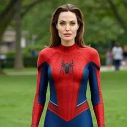 hyperrealism portrait angelina jolie dressed as spiderman in a park