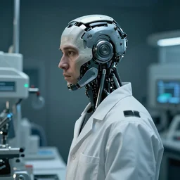 a laboratory operator man with cybernetic enhancements seen from afar, scifi character portrait by greg rutkowski, craig mullins, 1 / 4 headshot, cinematic lighting, dystopian scifi gear, profile picture, mechanical, cyborg, half robot
