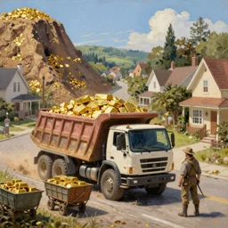classic oil painting, inner earth a dump truck mines for gold, gold bars, mining carts, as a dnd character, on a sunny populated suburban street, cottagecore, highly detailed, digital illustration, concept art, smooth, sharp focus, art by greg hildebrandt, and tim hildebrandt