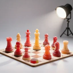 photo still of chesspieces made out candy, 8 k, studio lighting bright ambient lighting key light, 8 5 mm f 1. 8
