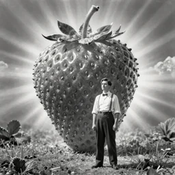 vintage, black and white photograph of a man standing proudly next to a gigantic strawberry that is taller than he is