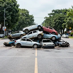pile of wrecked cars in the middle of the square, photo by John Free,