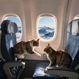 cat kicking the other cat's seat on an airplane