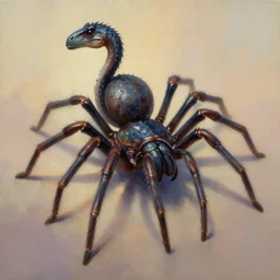 painting of hybrid spider!!!!! and ( ( ( ( ( ( ( velociraptor ) ) ) ) ) ) ) fused together, intercrossed animal, by zdzislaw beksinski, by lewis jones, mattias adolfsson, cold hue's, warm tone gradient background, concept art, digital painting