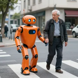 : realistic photograph of an orange robot helping an elderly man cross the street + by Edgar Maxence and Ross Tran