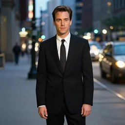 1 9 9 7 nathan lane wearing a black suit and necktie standing on the streets of chicago at night.