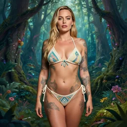 margot robbie portrait with a tattooed body posing in a magical crochet bikini in a magical forest, beautiful eyes, realistic face, full body, fantasy art, in the style of Gregory Mortenson, illustration, epic, fantasy, intricate, hyper detailed, artstation, concept art, smooth, sharp focus, ray tracing, vibrant