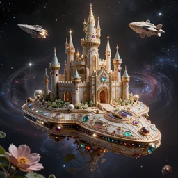 castle space ship organic, flower, leaf, cosmic, highly detailed ornate with jewels and precious metals futuristic, sandman kingdom, kingdom of dreams, space ships, hiperrealistc, global illumination, radiant light, stellar background, by louise nevelson, peter gric, peter mohrbacher