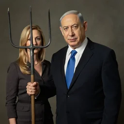 An american gothic portrait of Benjamin Netanyahu grasping a pitchfork and Sara Netanyahu, by Grant Wood