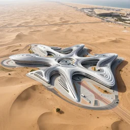 parametric structure, medical complex, in the desert beside the gulf, view from above, design by toyo ito, dezeen, architectural photography