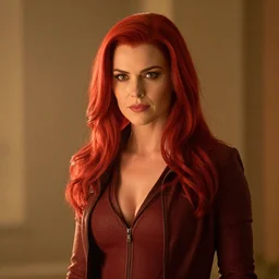 long shot, a woman as red mystique from x - men, warm lighting, 1 2 0 mm, 8 k