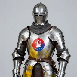 a medieval knight with brightly colored sponsorship branding on his armor. high quality studio photography, promotional photography
