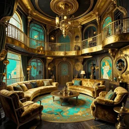 a photo of a concept architecture art house steampunk living room, style brutalism, gold and black turquoise ratio, extremely detailed, sharp focus, wide view, smooth, digital illustration, colorfull, by william turner, by alphonse mucha