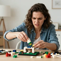 Angry woman destroying a lego set